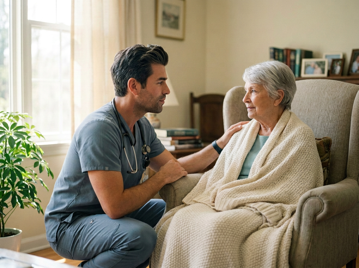 A registered nurse with a stethoscope sitting beside an elderly woman during an in-person wellness check